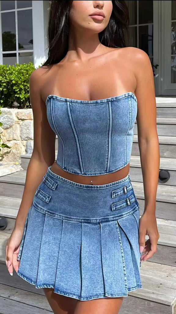 【Anyone more】Pound Strap Denim Two-Piece Setup Skirt Amazon.com: Women's Denim Skirt Set Sexy Sleeveless Denim